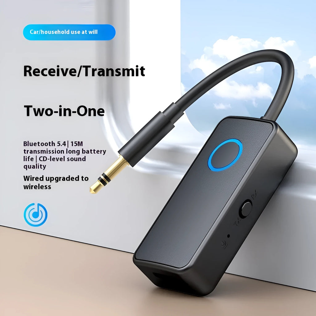 Small black Bluetooth audio adapter with a 3.5mm plug for wireless music streaming.