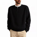 Men's grey loose-fit half zip textured knit sweater on a hanger