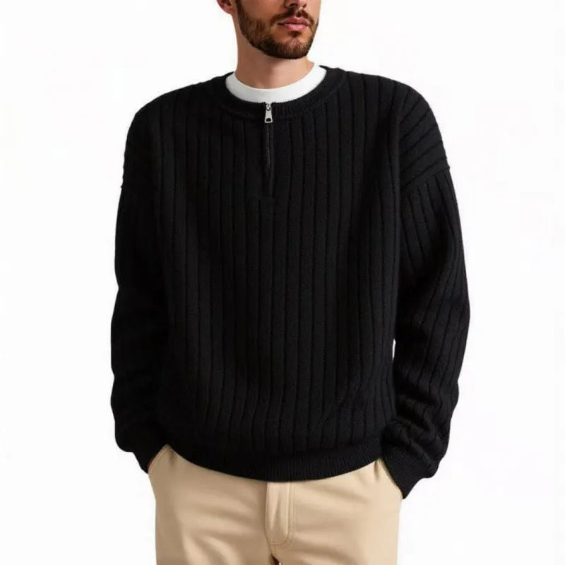 Men's grey loose-fit half zip textured knit sweater on a hanger