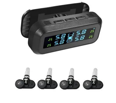 Solar wireless car tyre pressure monitoring system with colour screen and four sensors on a dashboard