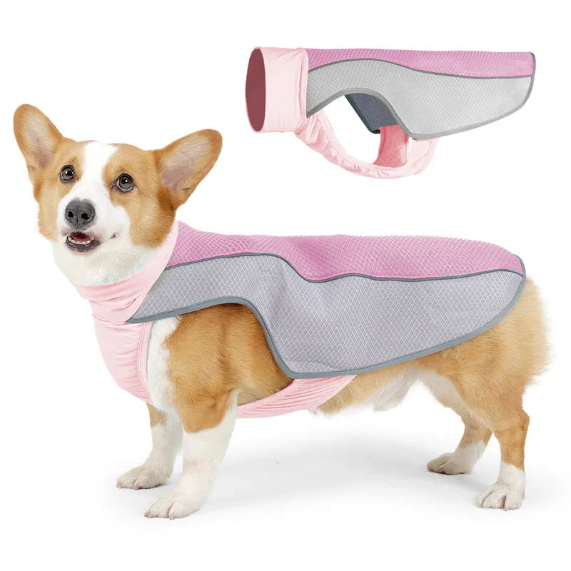 Polyester dog cooling vest in light grey, lake blue, pink or blue for heatstroke prevention