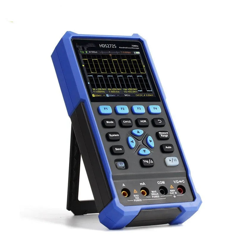 Owon HDS272 handheld digital oscilloscope with accessories including probes, multimeter pen, and portable bag