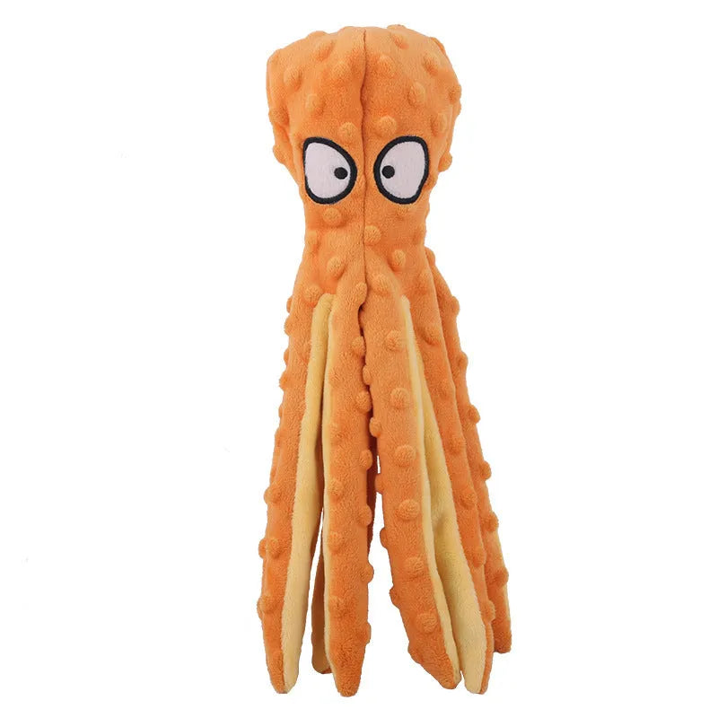 Blue octopus dog squeaky toy with no stuffing measuring 32cm long