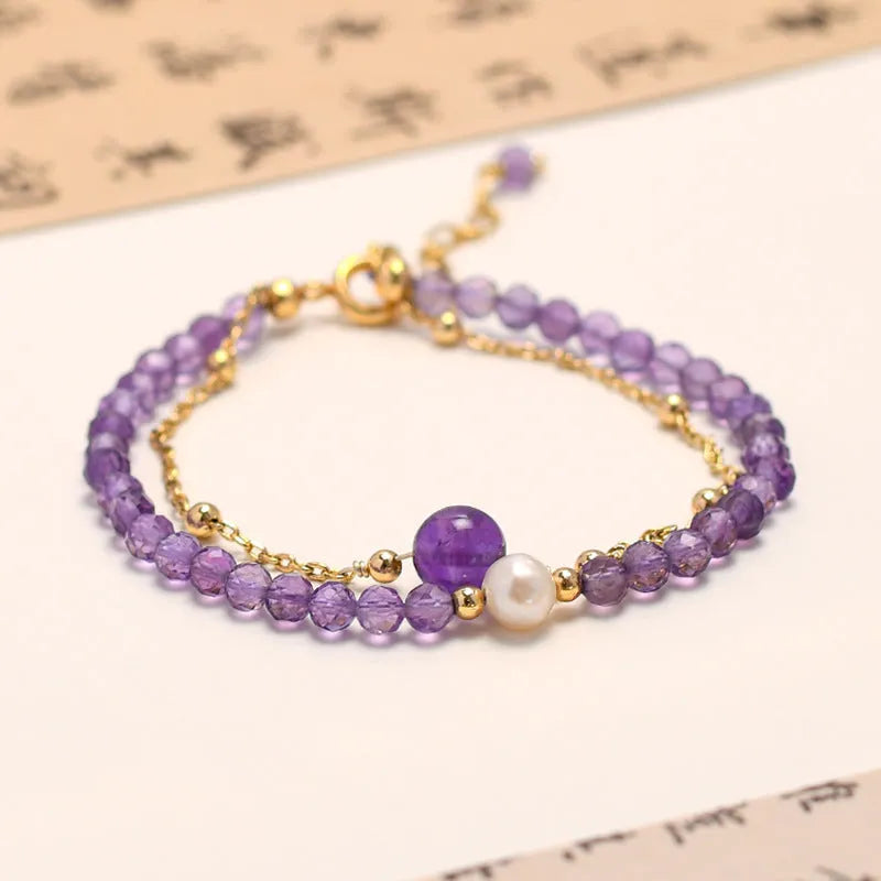 Chinese style women's crystal bracelet with diamond-shaped amethyst elements and electroplated finish