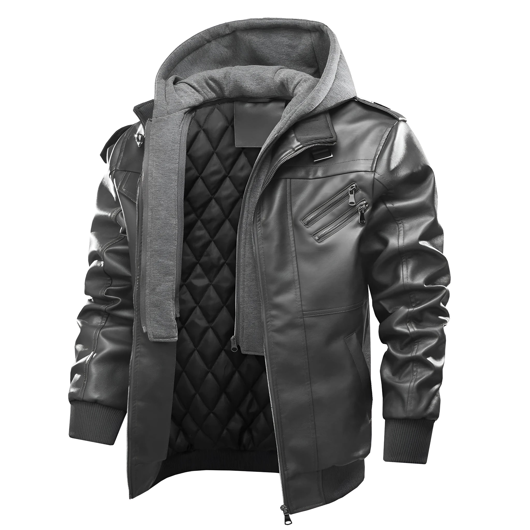 Men's black PU leather motorcycle jacket with zipper front, removable hood, and side pockets on a hanger