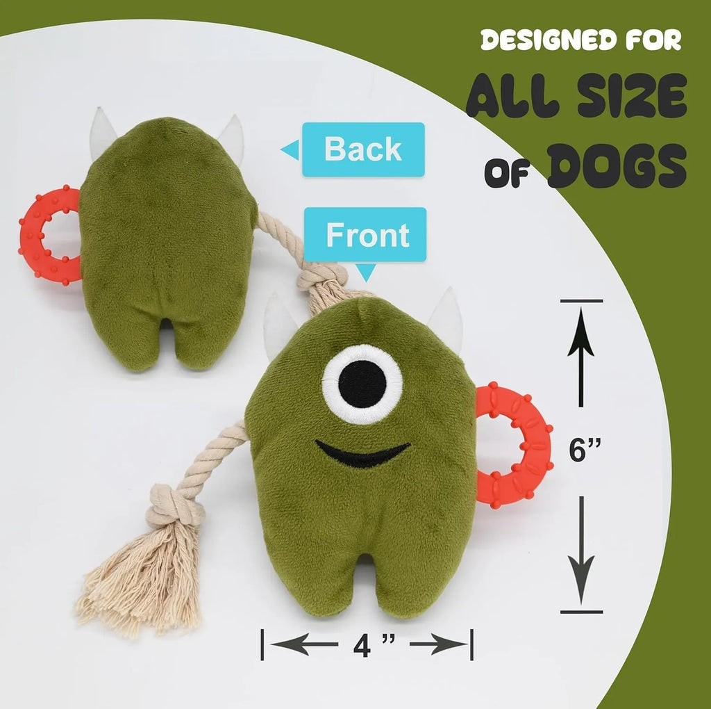 Blue and green monster-themed plush dog toy with cotton rope elements and squeaker