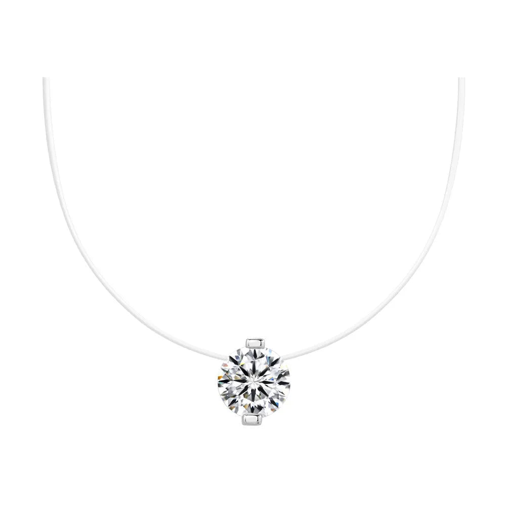 Women's silver moissanite pendant necklace on invisible fishing line with plum blossom design