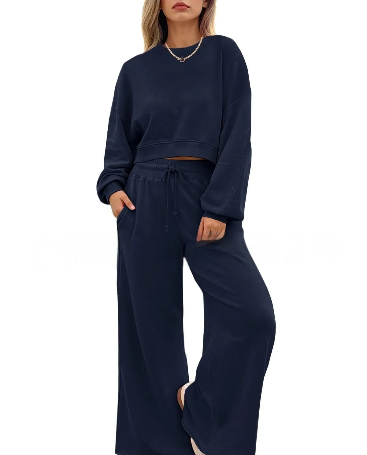 Women's solid colour polyester two-piece trouser set with long sleeve top and matching trousers in street hipster style