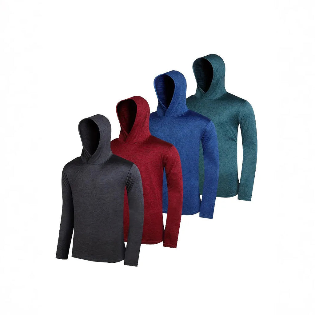 Pack of men's lightweight polyester hoodies in assorted colours on hangers
