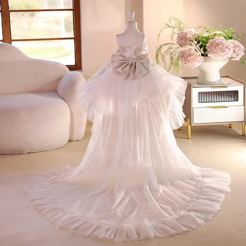 White light luxury princess dress for girls, polyester fibre, 80-150cm height range, flower girl wedding style