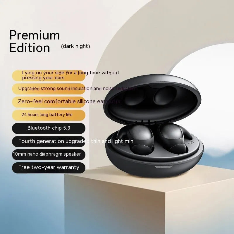 TWS wireless Bluetooth sleep headset in Night Black with binaural in-ear design and PC ABS construction