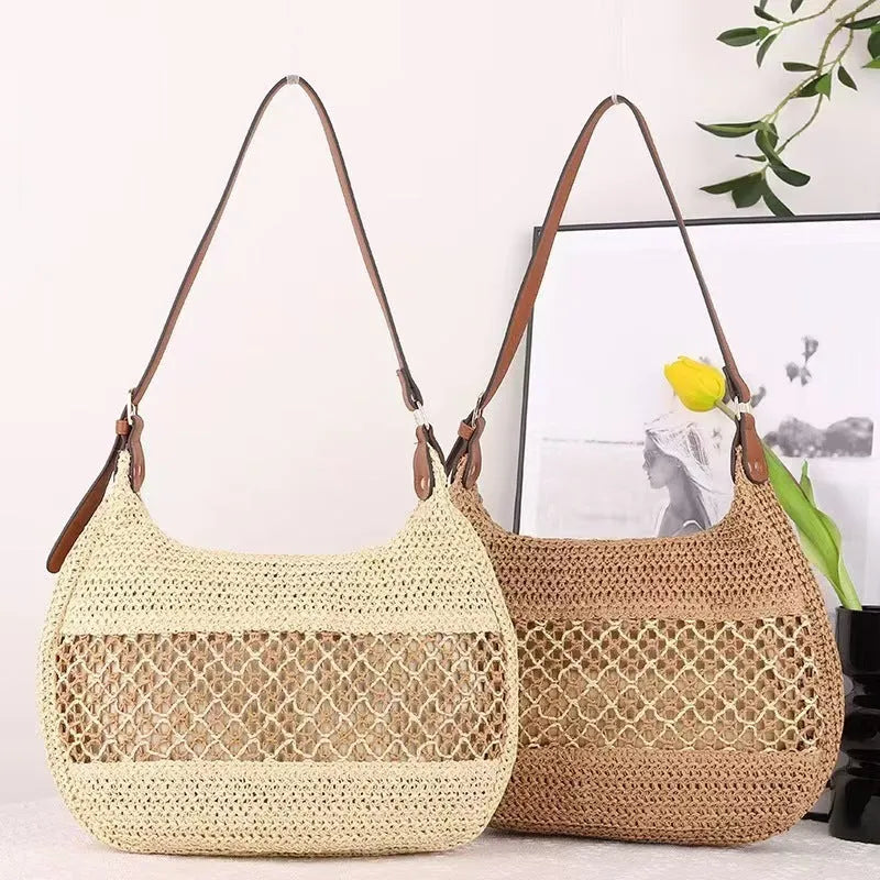 Women's straw crossbody bag in khaki colour with sandwich pocket compartment