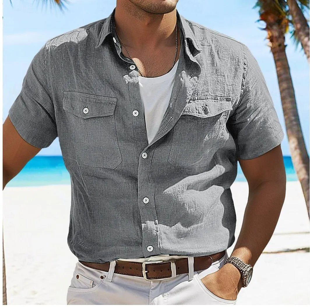 Men's grey cotton linen summer shirt with polo collar and long sleeves in loose cardigan style