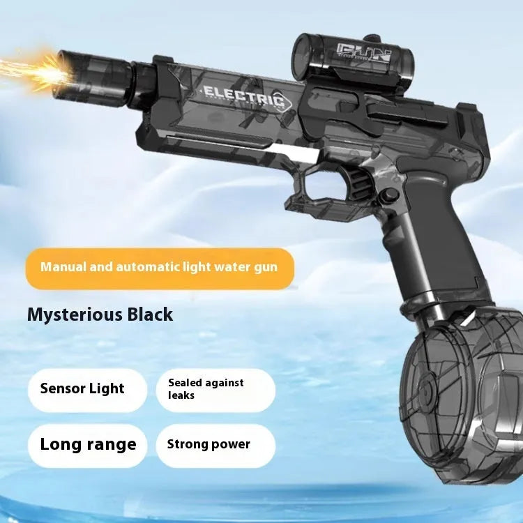 Fire Rat electric water pistol toy with LED lights showing water spray demonstration