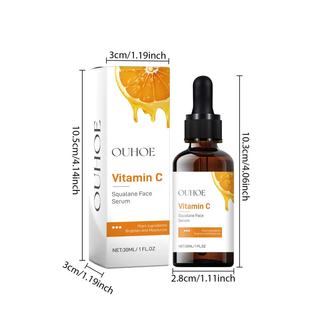 Squalane face serum in a PET bottle with vitamin C, hyaluronic acid, collagen for hydration, 3x3x10.5cm