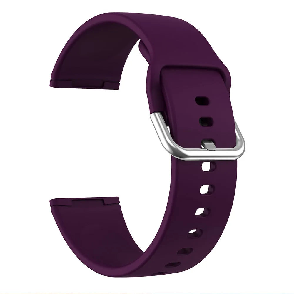 Silicone replacement strap with silver buckle for Fitbit Versa 3 and Sense 2 in multiple solid colours.