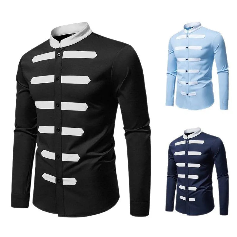 Men's slim fit casual long sleeve shirt in black, light blue, or navy blue made from polyester fabric