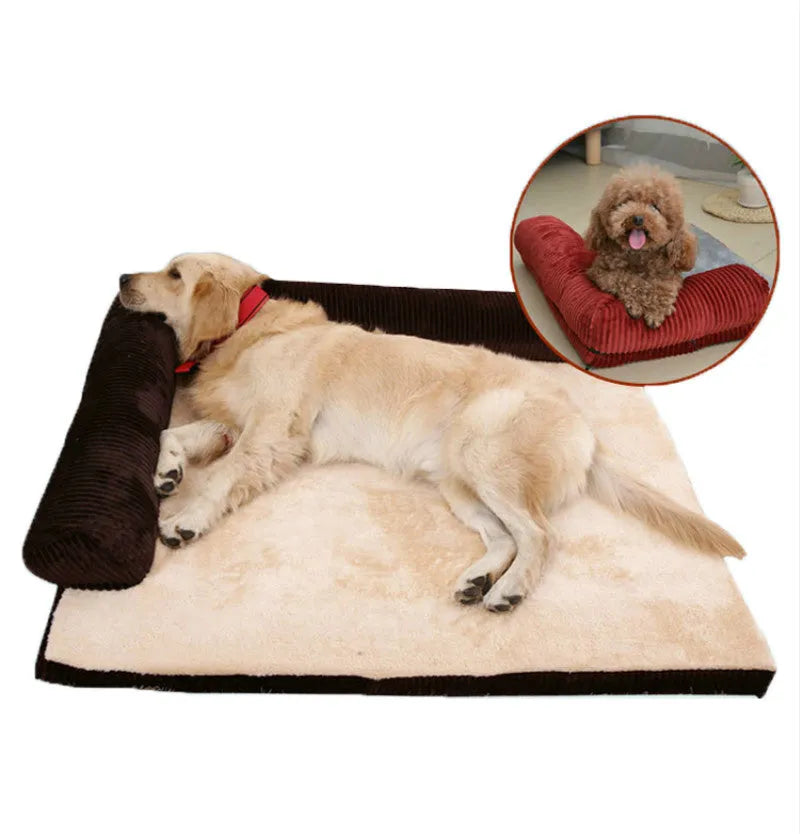 Corduroy pet sofa dog bed with raised edges in coffee colour showing reversible bilateral design