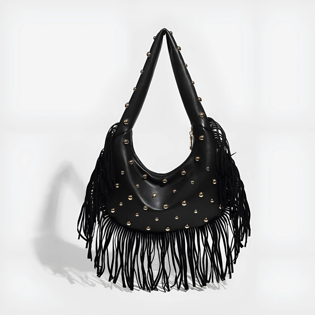 Retro black shoulder handbag with a tassel detail and an internal mobile phone pocket.