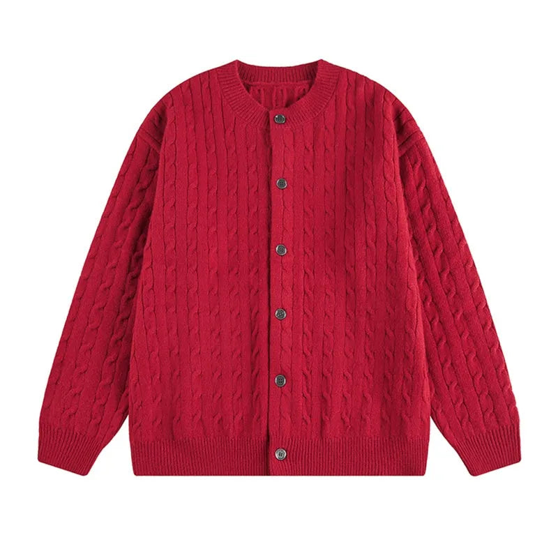 Twisted solid colour sweater cardigan for men and women in loose fit polyester, available in red navy blue blue white light floral gray