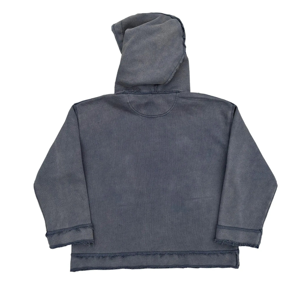 Reverse dark blue hoodie sweater laid flat, showing front design and hood.