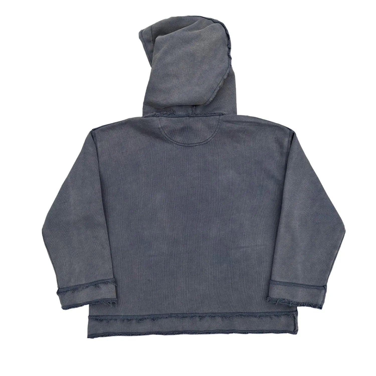 Reverse dark blue hoodie sweater laid flat, showing front design and hood.