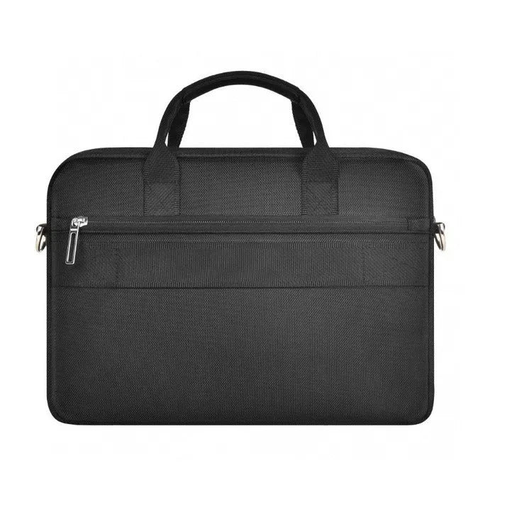 Black oxford cloth laptop backpack showing multiple pockets and a separate padded computer compartment.