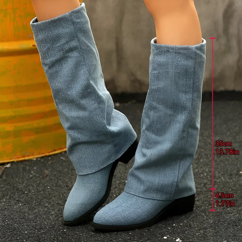 Chunky heel cowboy boot plus size unisex in artificial PU, mid calf length, brown colour