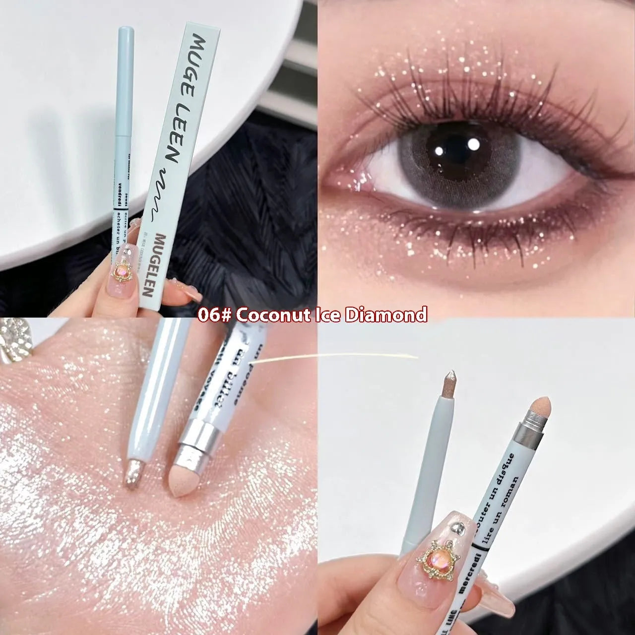 Brightening 2-in-1 waterproof eyeliner pen in gold, pink, purple and other colours.