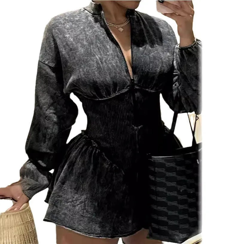 Gray women's slim-fit A-line dress with digital printing and a drawstring waist.