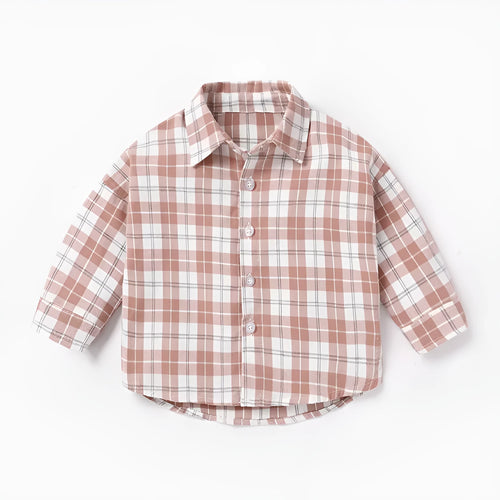 Boys' long sleeve cotton shirt with lattice pattern in khaki, light blue, pink or yellow colours