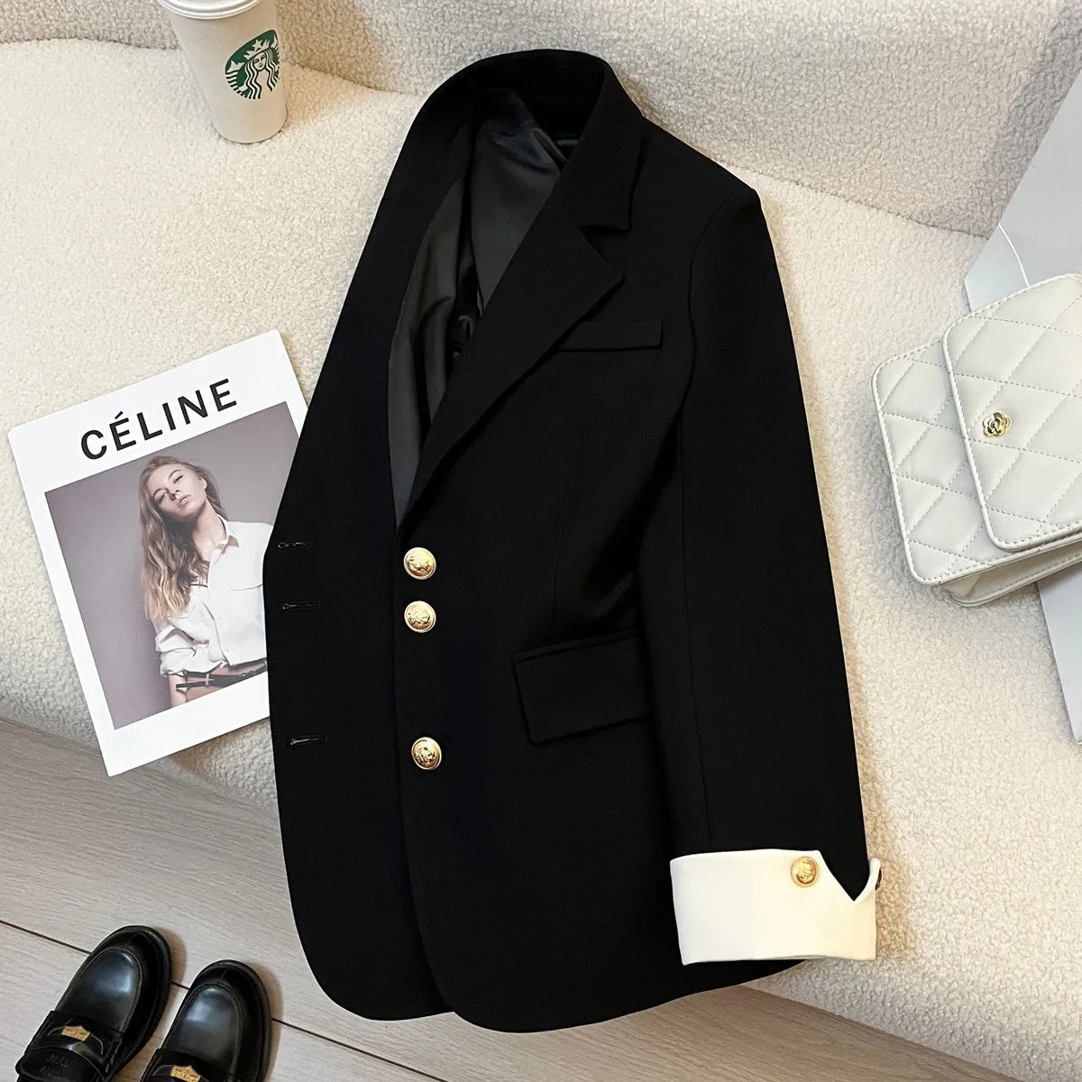 Women's Korean style loose fit coat in milky white colour with pockets and long sleeves