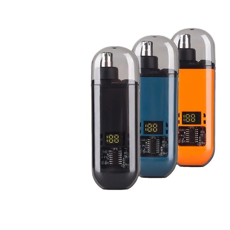 Rechargeable nose hair trimmer with digital display in black, blue, or orange colours