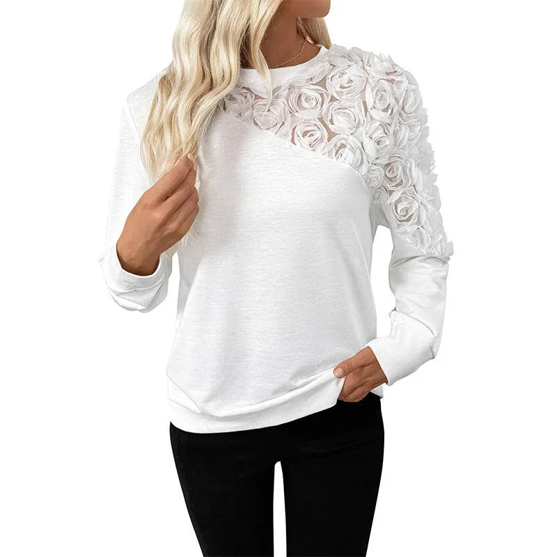 White floral print long sleeve polyester top with loose fit and regular sleeves