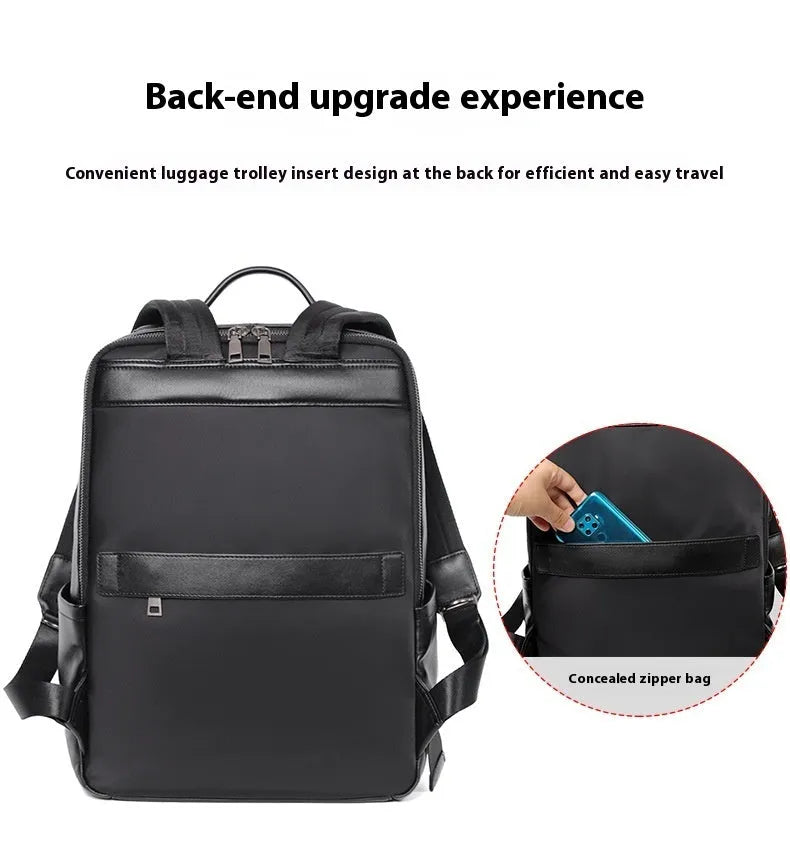 Black genuine leather men's computer backpack with a large main compartment.