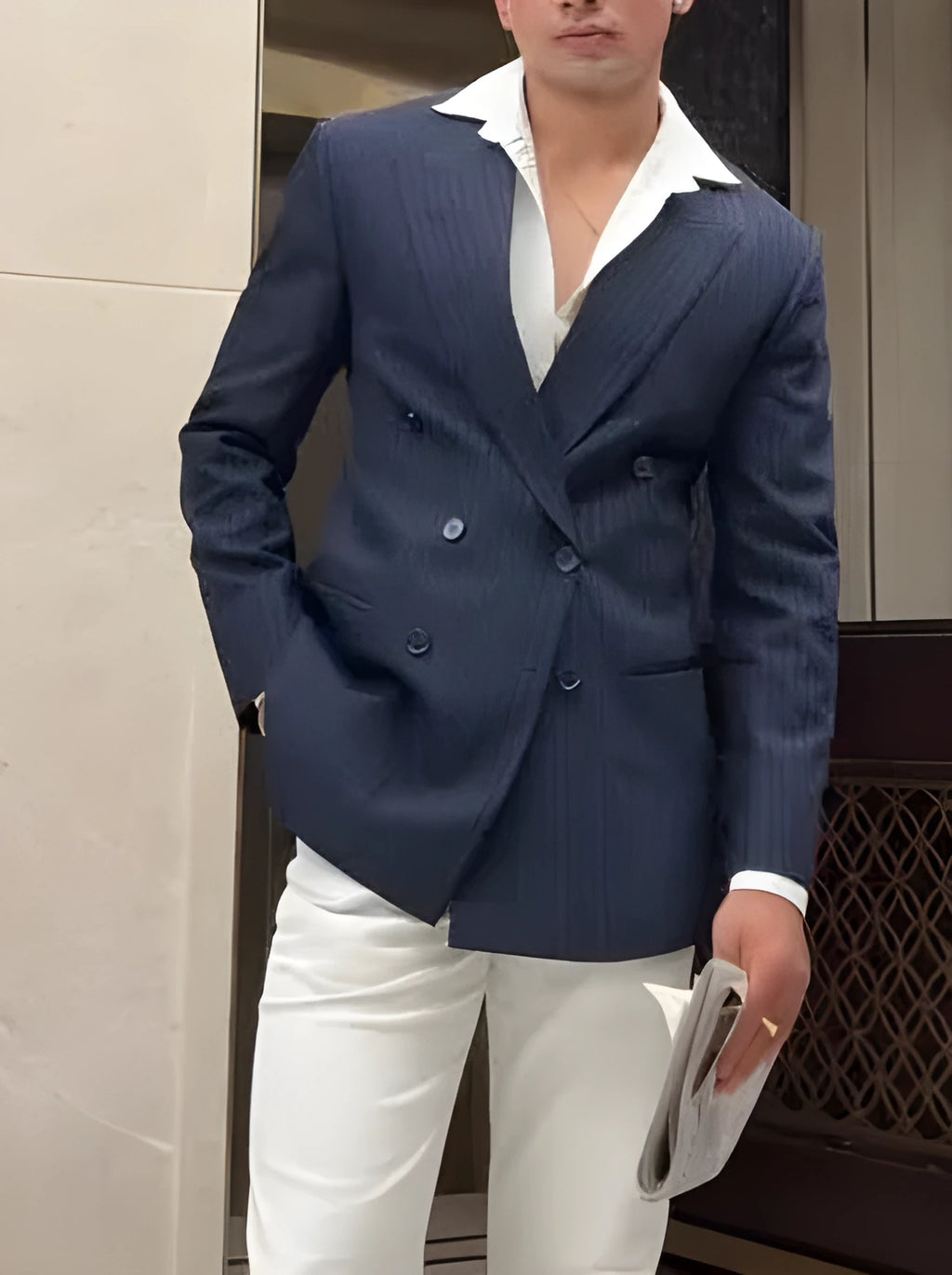 Men's classic striped double-breasted blazer in regular fit polyester for daily wear