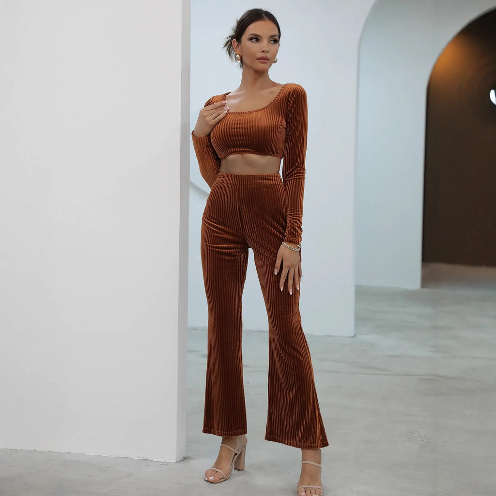 Caramel coloured long sleeve sweater set with matching trousers