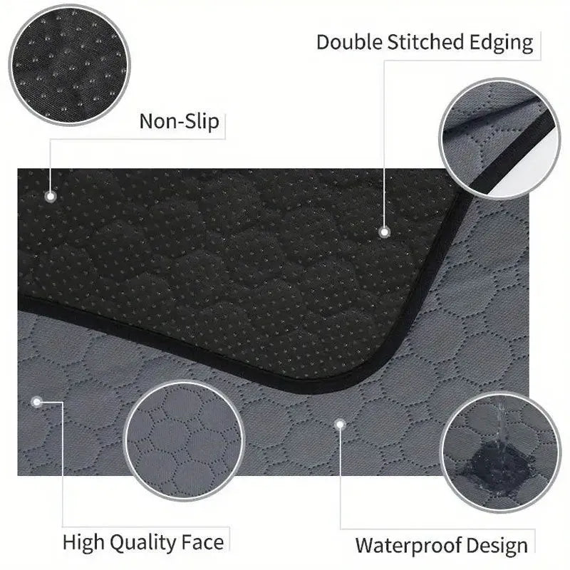 Pack of grey and tan washable, reusable dog pee pads in various sizes on a wooden floor.
