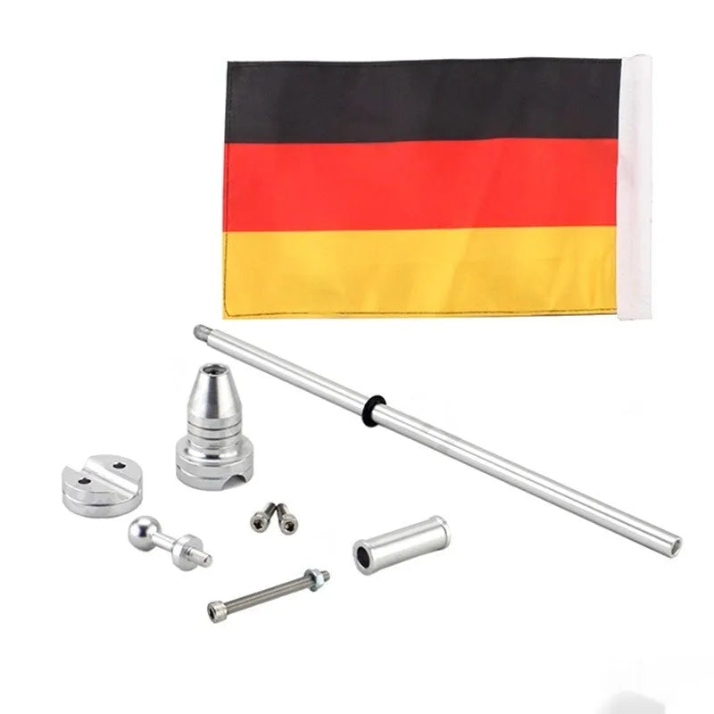 Black and silver aluminium motorcycle flagpole for mounting on luggage racks and top boxes.