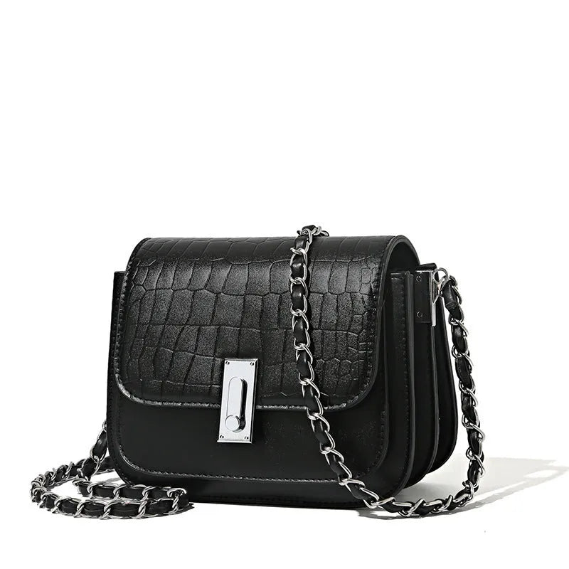 Soft black PU chain shoulder bag with sandwich pocket front and decorative sewing thread details