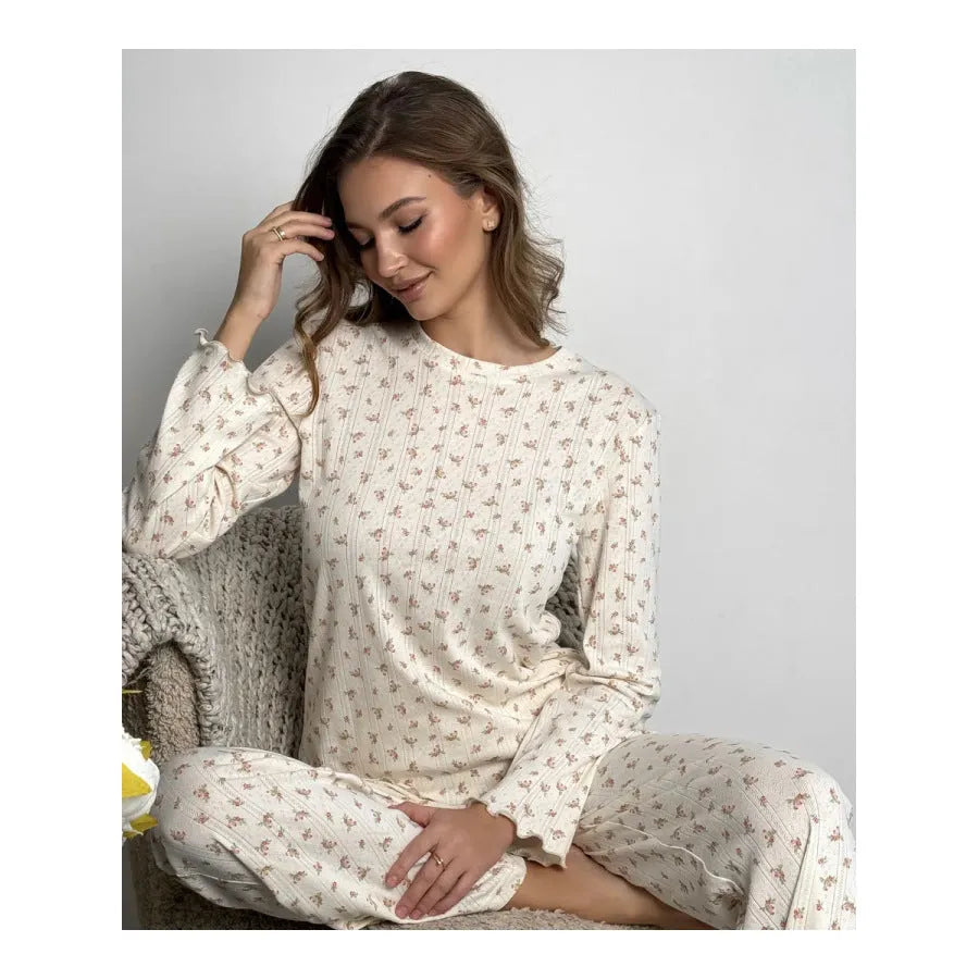 Women's white floral print matching set with bell sleeve top and wide leg trousers