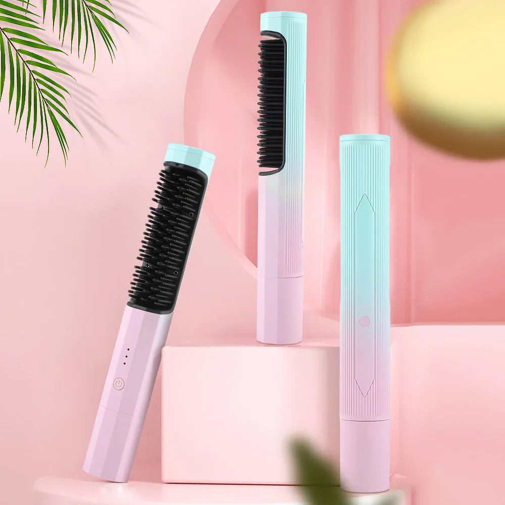 Cordless rechargeable straightening comb in pink, with ABS nylon body and USB charging cable