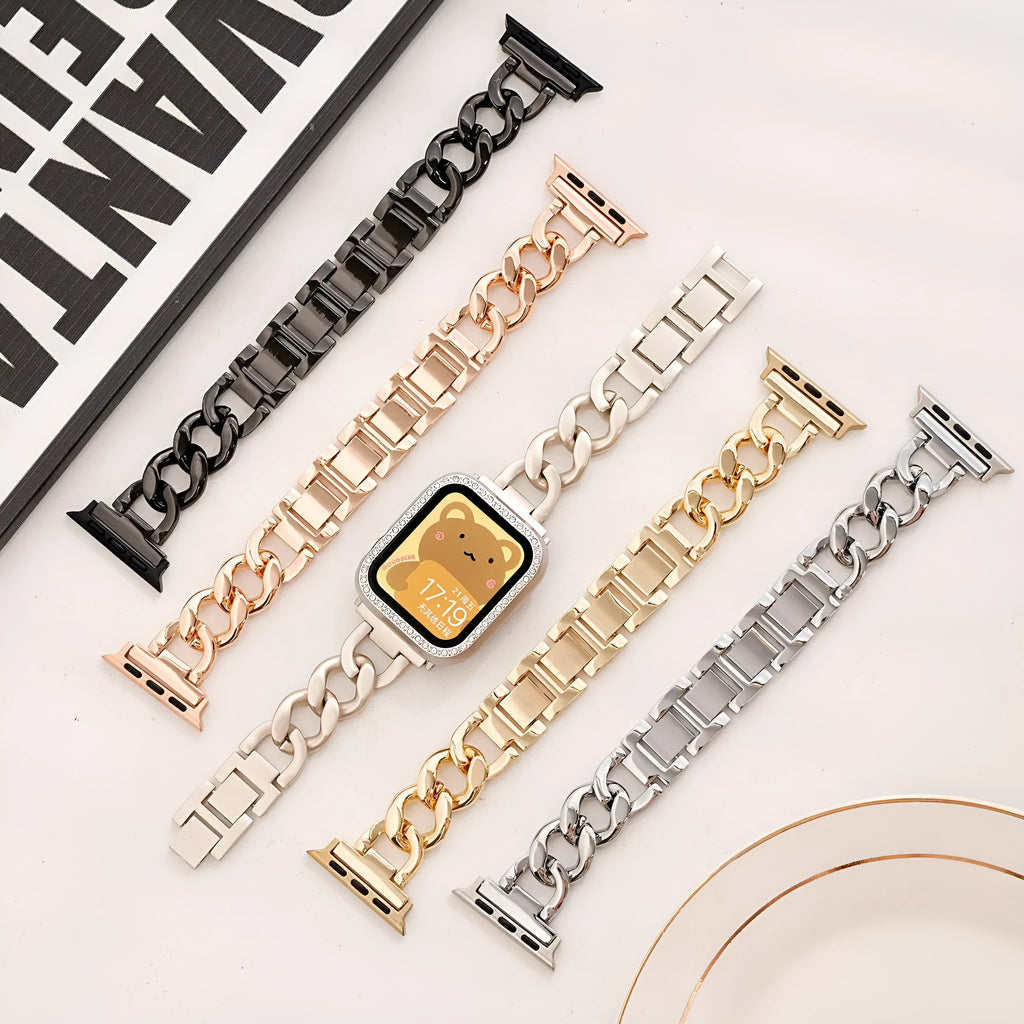 Denim chain metal Apple Watch strap in five colours compatible with 38mm to 49mm models