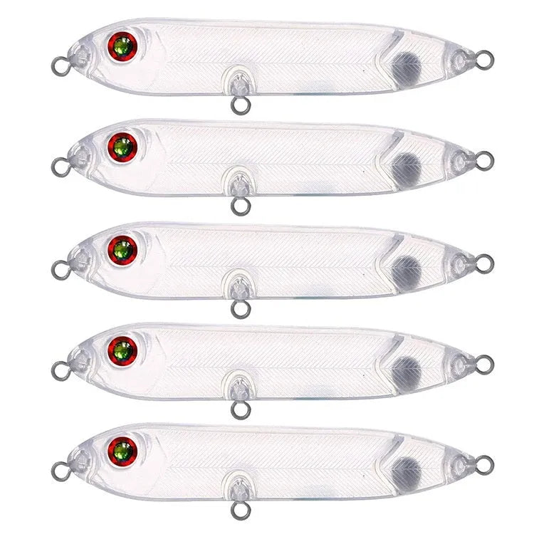 Transparent 9.5cm long ABS plastic blank fishing lure body with detailed shape and eye holes.