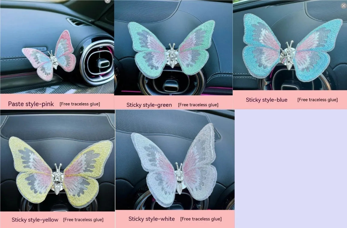 Moving embroidery butterfly decoration on car centre console air vent in pink fabric