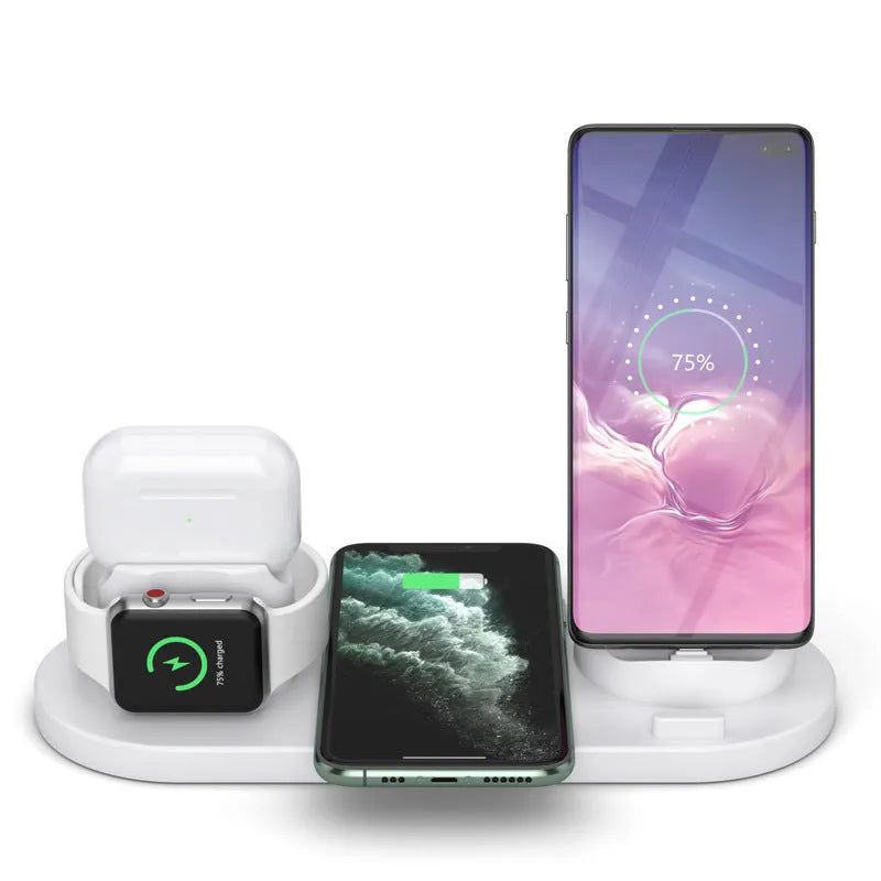 Black 6-in-1 wireless charging station with smartphone, AirPods and iWatch charging areas