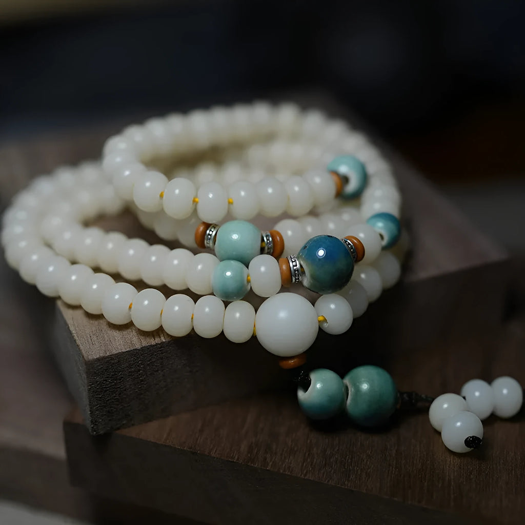 White jade Bodhi seed bracelet with 108 flat round beads in unisex national style