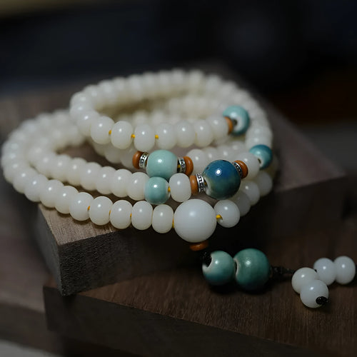 White jade Bodhi seed bracelet with 108 flat round beads in unisex national style