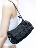 Black PU nylon double pocket shoulder bag with side line detail showing compact dimensions