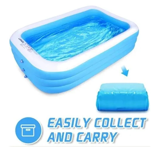 Blue and white rectangular inflatable PVC swimming pool 150cm x 110cm x 50cm in a garden setting